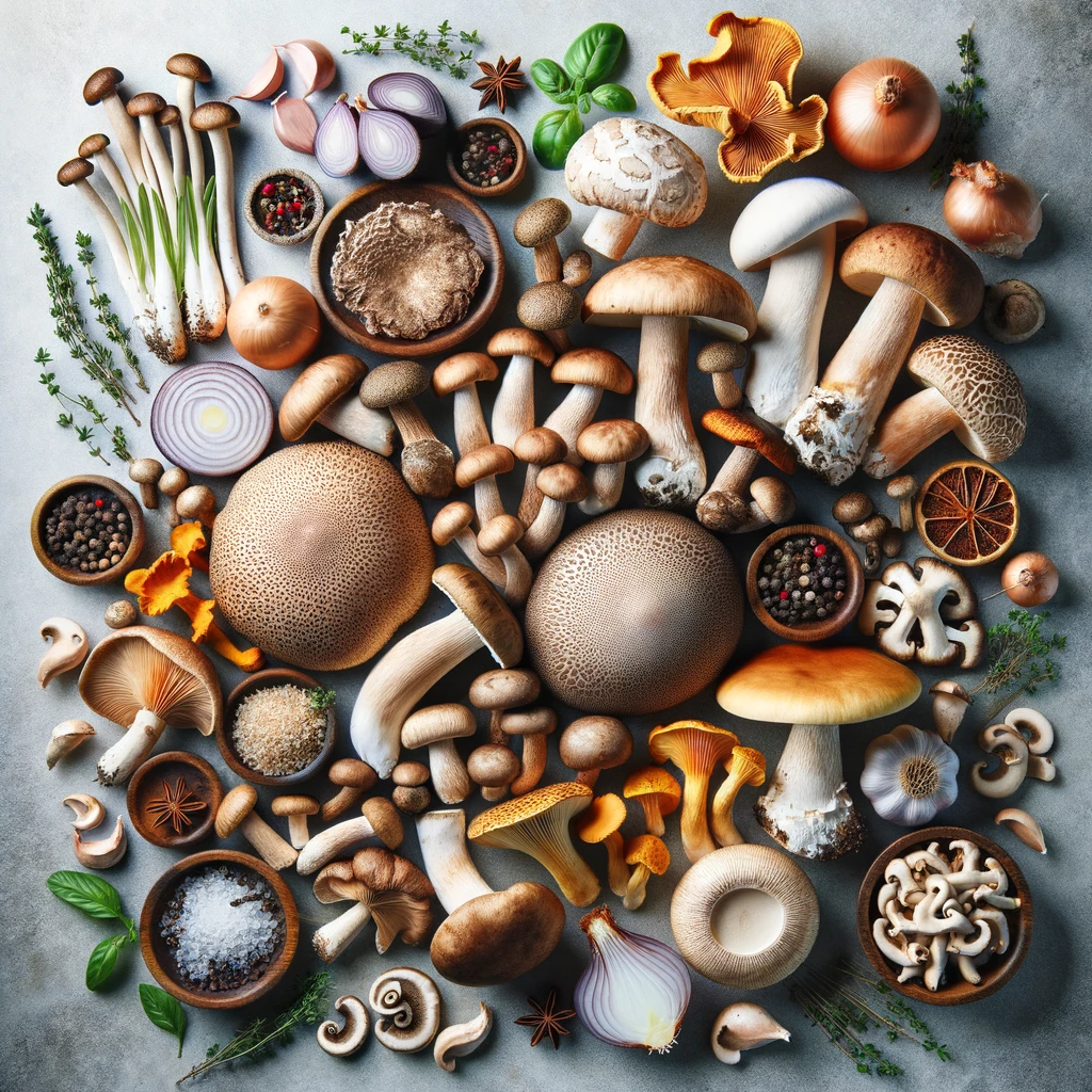 Pilze für eine Pilzsuppesuppe (KI-Bild) - von Jamie Oliver aus dem Kochbuch "5 Zutaten Mediterran"